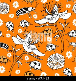 Ladybugs bug e fiori - Giardino La vita perfetta sequenza di ripetizione. Divertente e fresco, superficie grafica repeat pattern design con graziosi bug e Ladybugs con fiori su uno sfondo giallo. Carino e divertente sequenza di ripetizione in giallo,in bianco e nero. Illustrazione Vettoriale