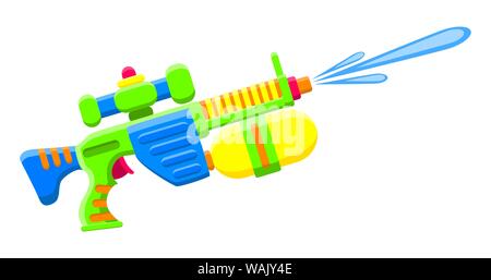 Riprese di pistola ad acqua. Luminoso multicolore giocattolo per bambini. Oggetto isolato. Appartamento illustrazione vettoriale su sfondo bianco. Illustrazione Vettoriale