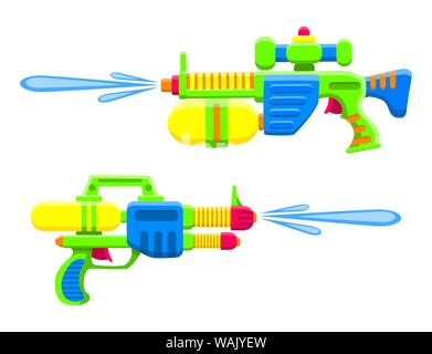 Pistole ad acqua. Giocattoli colorati per bambini. Oggetti isolati. Immagine vettoriale piatta su sfondo bianco. Illustrazione Vettoriale