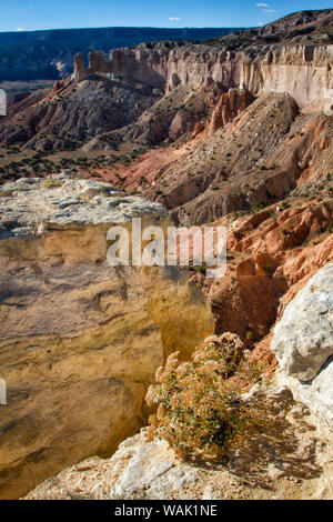 Stati Uniti d'America, camino Rock, Ghost Ranch. Colori grazia la scogliera di pietra vicino Abiquiu, Nuovo Messico. Foto Stock