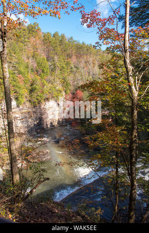 Stati Uniti d'America, Tennessee. vista dal ponte di sospensione oltre la canna da zucchero Creek Cascades. Rifrazione della luce rende arcobaleno nella nebbia Foto Stock