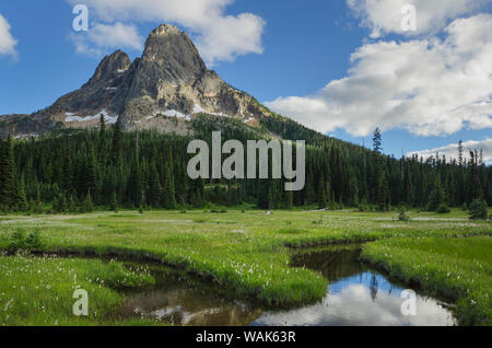 Liberty Bell Mountain si riflette nelle acque di stato Creek, North Cascades, nello Stato di Washington Foto Stock