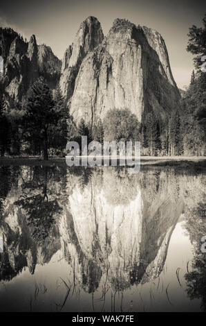 Cathedral Rocks riflesso in uno stagno, del Parco Nazionale Yosemite in California Foto Stock