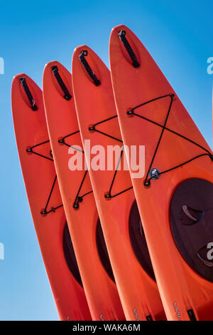 Rosso impilati kayak su una spiaggia, Florida, Stati Uniti d'America Foto Stock
