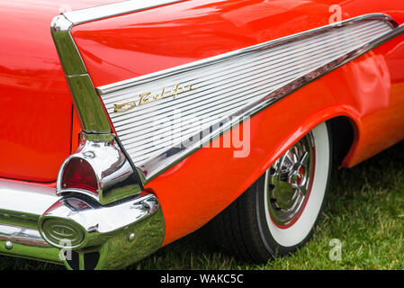 Stati Uniti d'America, Massachusetts, Beverly. Auto d'epoca, 1957 Chevrolet Bel Air pinna di coda Foto Stock