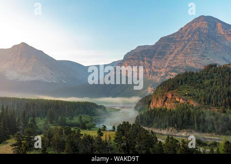 Nebbia a sunrise lungo la corrente di Swift Creek nel Parco Nazionale di Glacier, Montana, USA Foto Stock