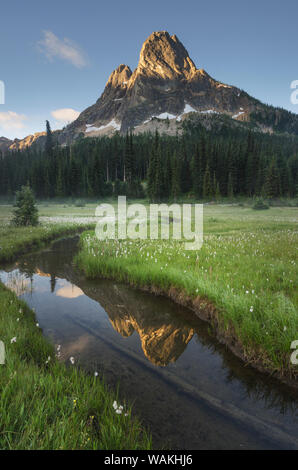 Liberty Bell Mountain si riflette nelle acque di stato Creek, nello Stato di Washington Pass prati, North Cascades, nello Stato di Washington Foto Stock