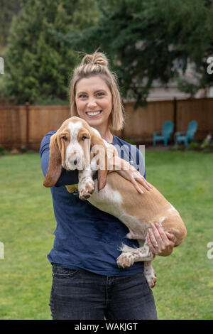 Donna che mantiene i suoi cinque mesi Basset Hound cucciolo. (MR, PR) Foto Stock