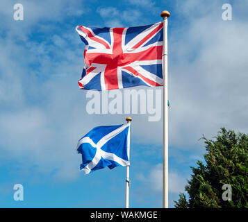 L'Unione Jack battenti accanto lo scozzese si intraversa a Fenton Barns, East Lothian, Scozia, Regno Unito. Foto Stock