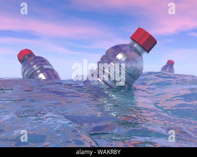 Inquinamento di tre bottiglie di plastica galleggianti in oceano da tramonto - 3D render Foto Stock