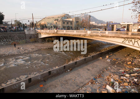 Immondizia di plastica e di altri rifiuti oggetto di pratiche di dumping sul lato del fiume Mapocho, a Santiago del Cile Foto Stock