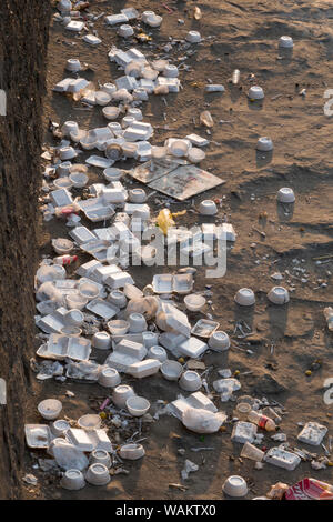 La schiuma di polistirene bicchieri e vaschette scartato a lato del fiume Mapocho, a Santiago del Cile Foto Stock