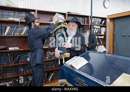 Dopo la Torah è rimosso dall'arca santa e prima di leggere la corona è decollato. Su Tisha B'Av al Ohel in Cambria Heights, Queens, NYC. Foto Stock