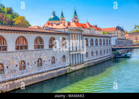 Fiume Ljubljanica fluisce attraverso Lubiana Foto Stock