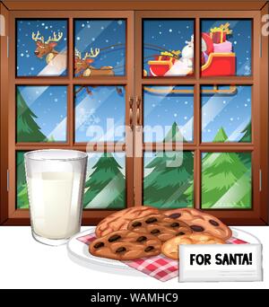 Finestra scena con Santa su sleigh flying illustrazione Illustrazione Vettoriale