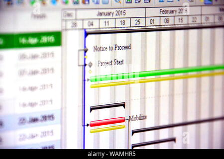 Immagine ravvicinata di un dettagliato diagramma di Gantt che illustra un progetto che mostra le attività Foto Stock