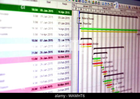 Immagine ravvicinata di un dettagliato diagramma di Gantt che illustra un progetto che mostra le attività Foto Stock
