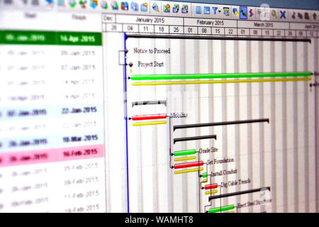 Immagine ravvicinata di un dettagliato diagramma di Gantt che illustra un progetto che mostra le attività Foto Stock