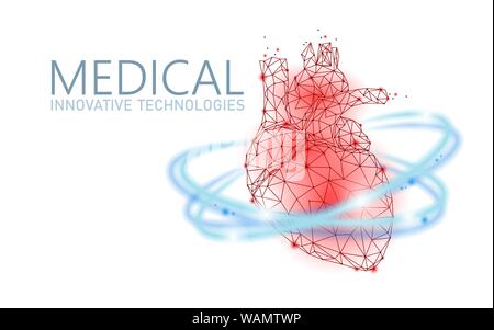 Totale del cuore sano picchia 3d bassa medicina poli concetto. Triangolo rosso farmacia farmacia in background. Frecce incandescente cuore moderno recovery Illustrazione Vettoriale