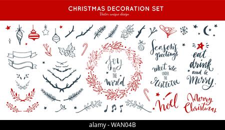 Decorazione di Natale vettore disegnati a mano impostato. Impostare doodle allori festosa e brunch, ghirlanda di Natale e Capodanno. Lettere manoscritte, inspiratio Illustrazione Vettoriale