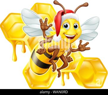 Il miele Bumble Bee in Santa Natale Hat Cartoon Illustrazione Vettoriale