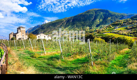 Imponenti montagne delle Alpi paesaggio, bella valle di castelli e vigneti - Valle d'Aosta in Italia settentrionale Foto Stock