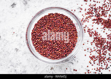 Rosso di grani di quinoa su sfondo grigio. Cibo sano. Vista dall'alto. Foto Stock