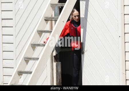 Joanne Froggatt catturare le scene per la stagione due del dramma di ITV bugiardo. Le riprese hanno avuto luogo in Tollesbury Essex. Foto Stock