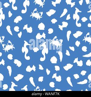 Animali oceano silhouette bianco su blu vector pattern senza giunture Illustrazione Vettoriale