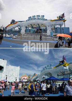 Hong Kong. 21 Ago, 2019. Combo foto scattata sul 20 agosto, 2019 da Mao Siqian di Xinhua (up) e il 2 Agosto 2015 da Qin Qing di Xinhua mostra rispettivamente per i turisti che visitano la Ocean Park nel sud della Cina di Hong Kong. Come protratta violenza continuano a roil Hong Kong, la sua industria turistica si è trasformata in un freddo inverno a causa di disordini. Nel periodo giugno-luglio, media dei salari per i lavoratori del turismo immerso da 74 percento, mentre il numero di tour di Hong Kong è sceso di 74 per cento in media, secondo un sondaggio da parte di Hong Kong Guide Turistiche Unione generale. Credito: Xinhua/Alamy Live News Foto Stock