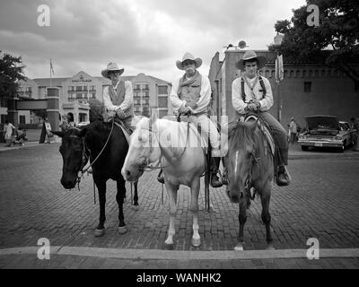 Mike Cowpokes Maltby, David Mangold, Lane tramoggia, da sinistra a destra a cavallo che aiutano nella mandria Texas Longhorn bovini durante due volte al giorno una passeggiata (come opposto a qualsiasi corsa dei tori) nella stazione di Stockyards quartiere di Fort Worth, Texas Foto Stock