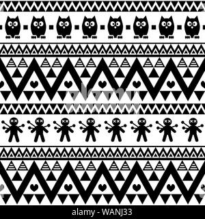 Halloween carino vettore seamless pattern con bambole voodoo e gufi - tribale, Aztec stile di stampa sfondo Illustrazione Vettoriale