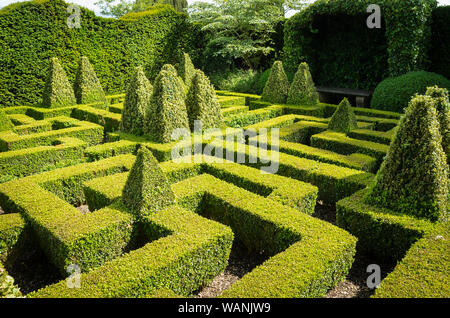 Formal box garden maze at Bourton House in the Cotswolds giving a restful evergreen calmness to this English garden UK Foto Stock