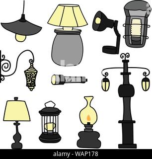 Set di disegnati a mano le lampade del vettore, street light, vecchia lampada. Isolato. Illustrazione Vettoriale