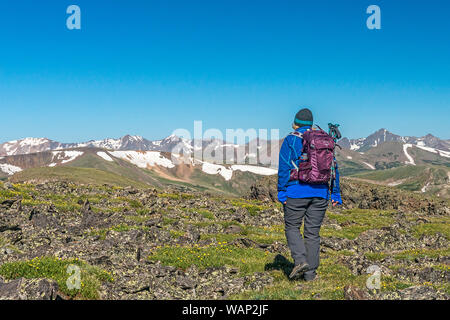 Una femmina di escursionista raggiunge la cima del monte Chapin a prendere in vista dell'ovest nel Parco Nazionale delle Montagne Rocciose, Colorado. Foto Stock