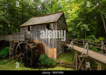 Ruota ad acqua e il vecchio mulino nel bosco. Cades Cove, Smoky Mountains National Park, Tennessee Foto Stock