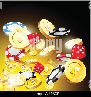 Casino jackpot e background - fiche, dadi e denaro, monete d'oro Illustrazione Vettoriale