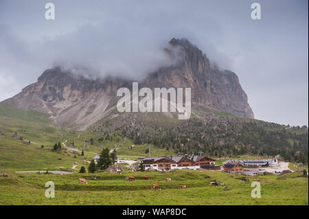 Il Passo Sella (Sellajoch/Passo di Sella) al maltempo. Situato in Alto Adige, Italia Foto Stock