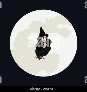 Illustrazione Vettoriale. Strega volare sulla scopa con il bianco luna piena dello sfondo. Illustrazione Vettoriale