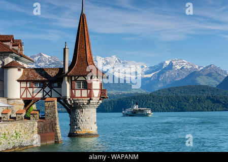 Il lago di Thun, Svizzera, nave di crociera che passano tra l'acqua bella torre del medievale castello di Oberhofen e coperto di neve Altopiano Bernese Alpi mo Foto Stock