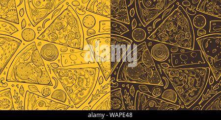 Fette di Pizza seamless pattern. Disegnata a mano vector cibo italiano illustrazione. Inciso vintage stile sfondo alimentare. Retrò fast food banner. Illustrazione Vettoriale