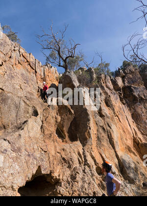 Tecnico istruttore di arrampicata, belaying un principiante alpinista e mostra paura, nervoso scalatore dove mettere le mani e i piedi sulla roccia in Australia. Foto Stock