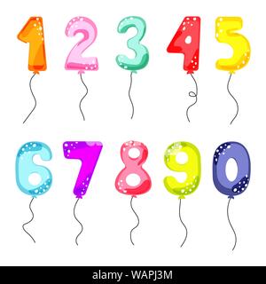 Cartoon numeri di palloncino per compleanno festa bambini carte. Festa bambino invito scheda set di vettore. Illustrazione Vettoriale
