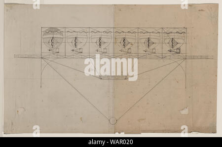 Disegno di progetto per un sistema di navigazione per un dirigibile che impiega sei palloni e paracadute, un deck, delle sovrastrutture e cesto inferiore Foto Stock