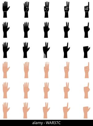Gesti con le mani le icone insieme nel piatto e stile glyph. Palm e polso. Uno, due, tre, quattro, cinque dita, conteggio illustrazione vettoriale su sfondo bianco Illustrazione Vettoriale