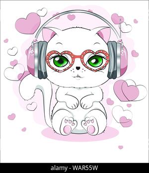 Bella carino gattino bianco, in un ambiente e bicchieri di cuori, su sfondo bianco con gli auricolari, un gatto bianco Illustrazione Vettoriale