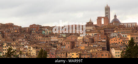 Vista panoramica di Siena. Case e tetti, chiesa e cipressi in piena vista. Regione Toscana dell'Italia. Foto Stock