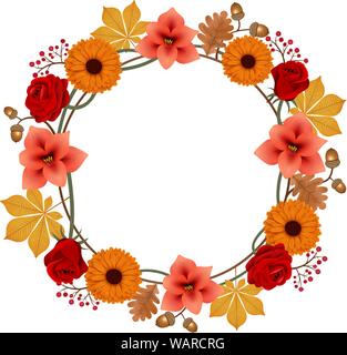 Autunno Round cornice decorativa con fiori e foglie Illustrazione Vettoriale