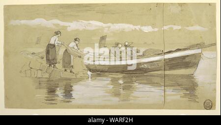 Disegno, Fisherman e donne stivaggio di reti in una Spiaggiata Dory, Cullercoats, Inghilterra, 1881 Foto Stock