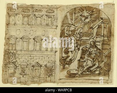 Disegno, pagina di un taccuino; elevazione del palazzo, Annunciazione, Ultima Cena, ca. 1590 Foto Stock